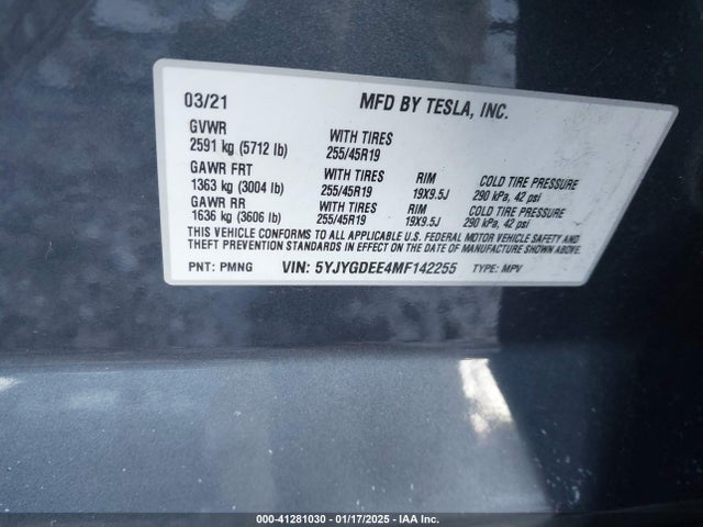 2021 TESLA MODEL Y 5YJYGDEE4MF142255 Photo 8