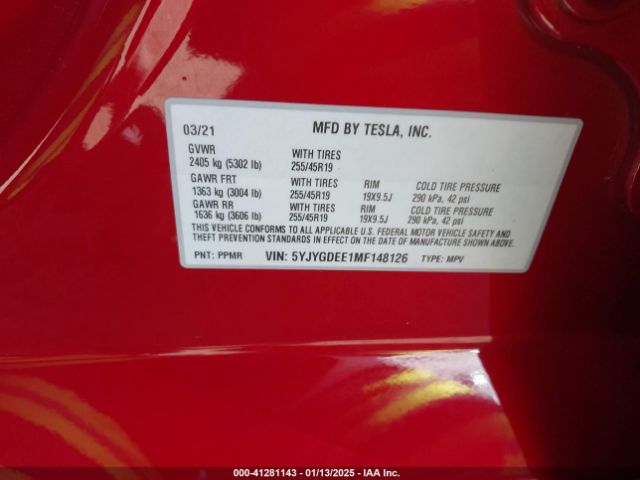 5YJYGDEE1MF148126 Tesla Model Y Long Range Dual Motor All-wheel Drive