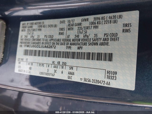 1FMCU0GD2JUA62872 Ford ESCAPE SE