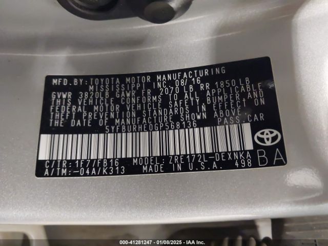 5YFBURHE0GP568136 Toyota Corolla Le Plus