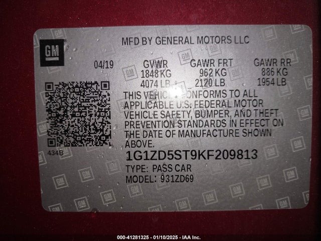 1G1ZD5ST9KF209813 Chevrolet MALIBU LT