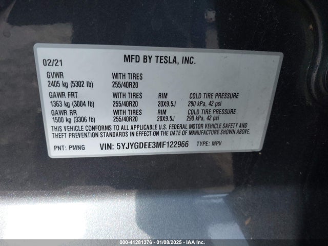 2021 TESLA MODEL Y 5YJYGDEE3MF122966 Photo 8