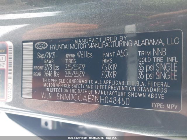 5NMJCCAE7NH048450 Hyundai TUCSON SEL