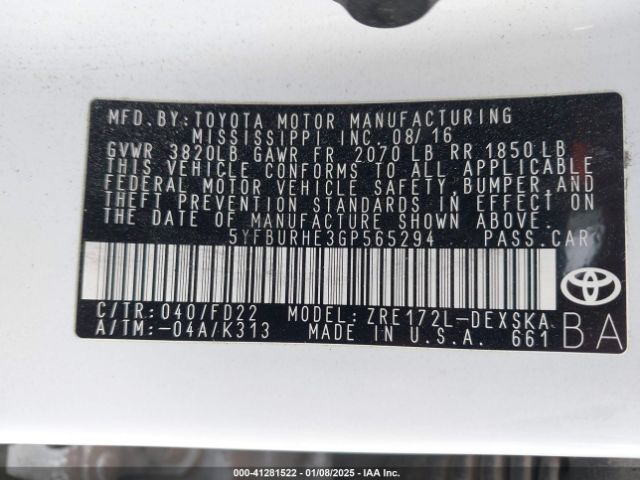 5YFBURHE3GP565294 Toyota Corolla S Plus