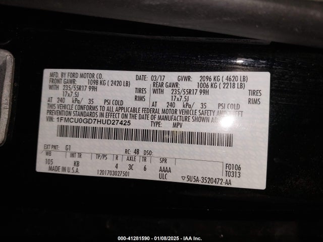 Ford ESCAPE SE 2017 1FMCU0GD7HUD27425 Image 9