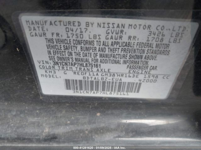 3N1CN7AP7HL875161 Nissan Versa 1.6 Sv