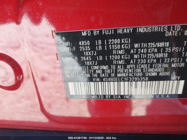 4S4BSELC1F3295358 Subaru Outback 3.6r Limited
