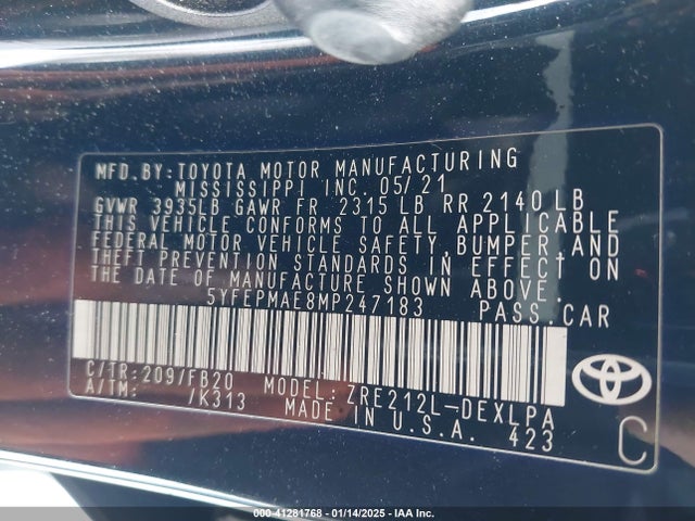 Toyota COROLLA LE 2021 5YFEPMAE8MP247183 Image 9