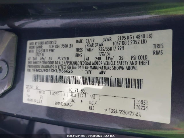 1FMCU9G9XKUB66625 Ford ESCAPE SE