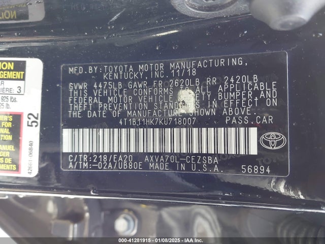 4T1B11HK7KU718007 Toyota CAMRY SE