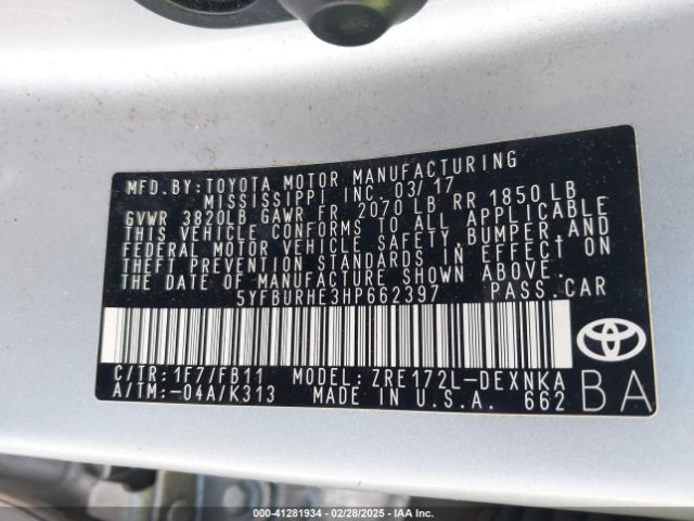 5YFBURHE3HP662397 Toyota COROLLA LE