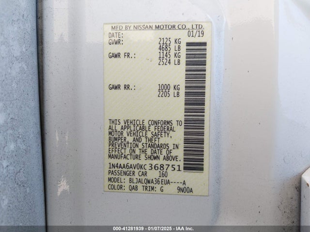 Nissan Maxima 3.5 S 2019 1N4AA6AV0KC368751 Image 9