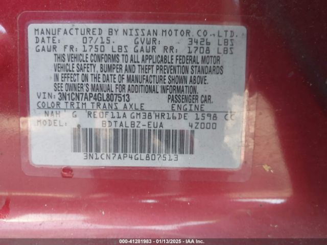 3N1CN7AP4GL807513 Nissan Versa 1.6 S/1.6 S+/1.6 Sl/1.6 Sv