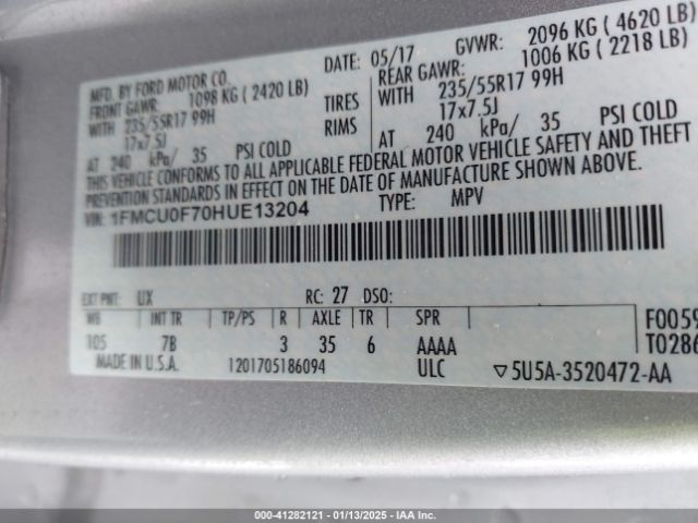 1FMCU0F70HUE13204 Ford ESCAPE S