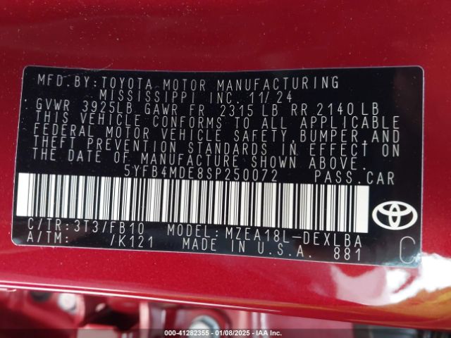 5YFB4MDE8SP250072 Toyota COROLLA LE