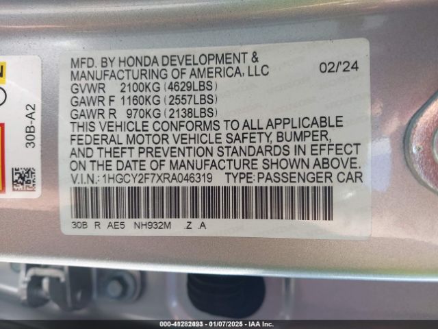 1HGCY2F7XRA046319 Honda Accord Hybrid Sport-l