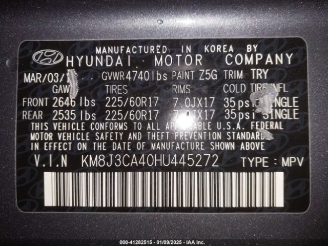 KM8J3CA40HU445272 Hyundai Tucson Se Plus