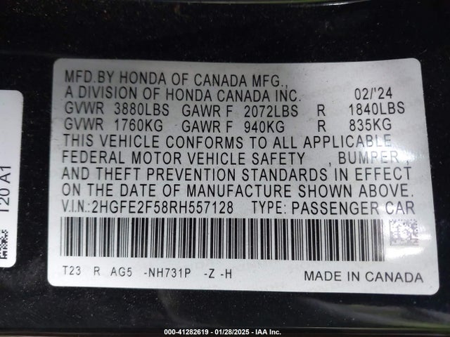 2HGFE2F58RH557128 Honda Civic Sport