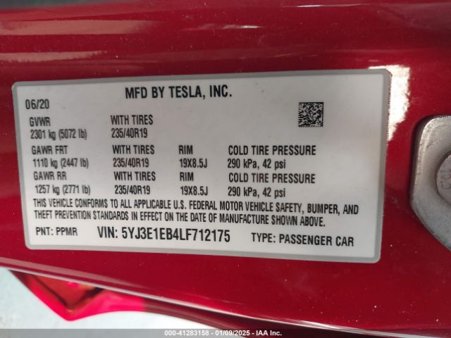 5YJ3E1EB4LF712175 Tesla Model 3 Long Range Dual Motor All-wheel Drive