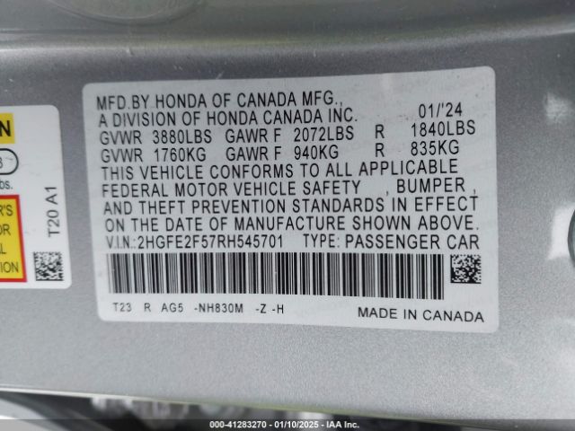 2HGFE2F57RH545701 Honda Civic Sport