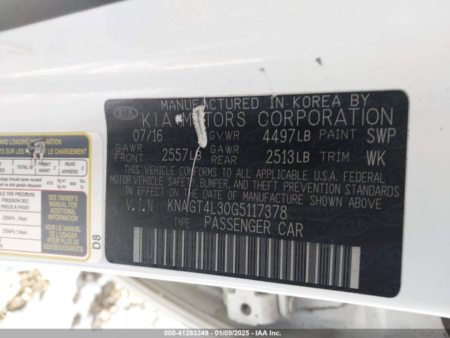 KNAGT4L30G5117378 KIA Optima Lx