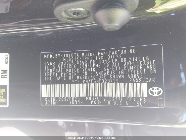 5YFEPMAE5NP328739 Toyota COROLLA LE