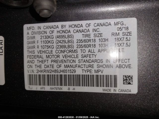 2HKRW2H89JH651529 Honda Cr-v Ex-l/ex-l Navi