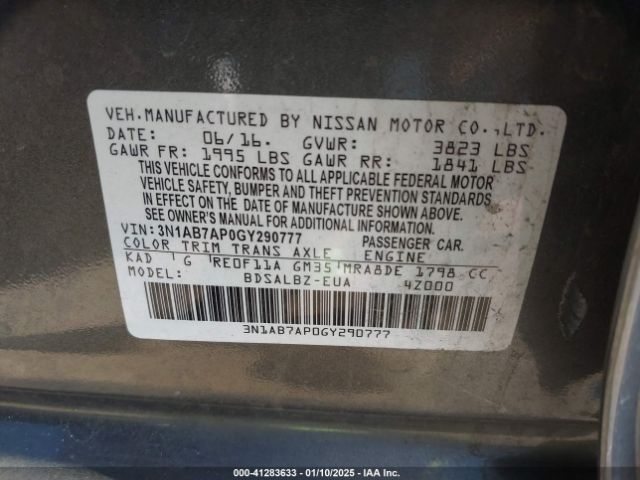 3N1AB7AP0GY290777 Nissan Sentra Fe+ S/s/sl/sr/sv