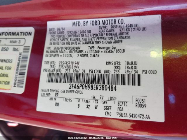 3FA6P0H98ER380484 Ford FUSION SE