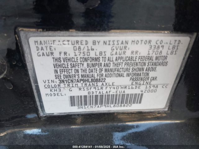 3N1CN7AP9HL808822 Nissan Versa 1.6 S
