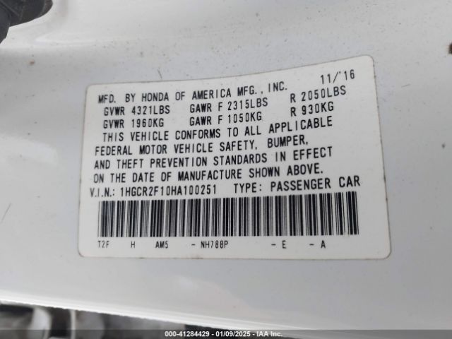1HGCR2F10HA100251 Honda Accord Sport Se