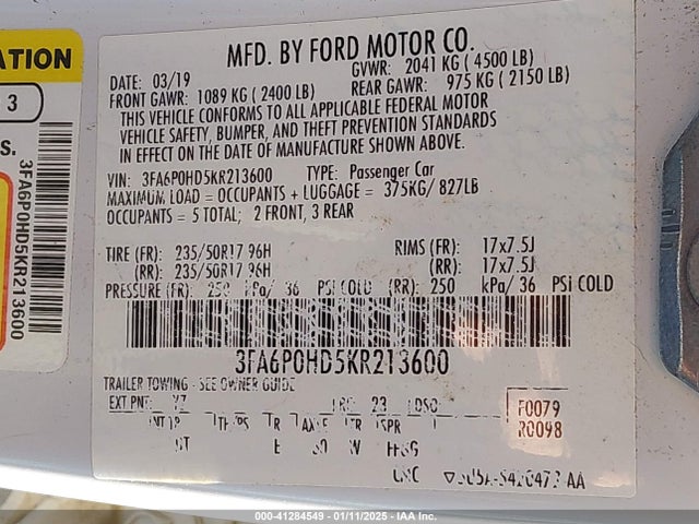 Ford FUSION SE 2019 3FA6P0HD5KR213600 Image 9
