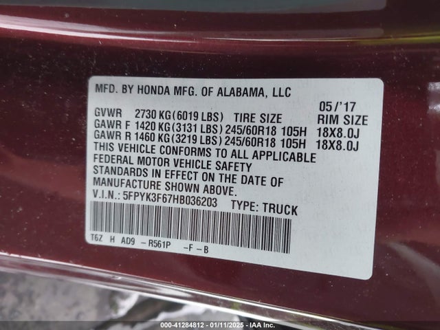 Honda Ridgeline Rtl-t 2017 5FPYK3F67HB036203 Image 9
