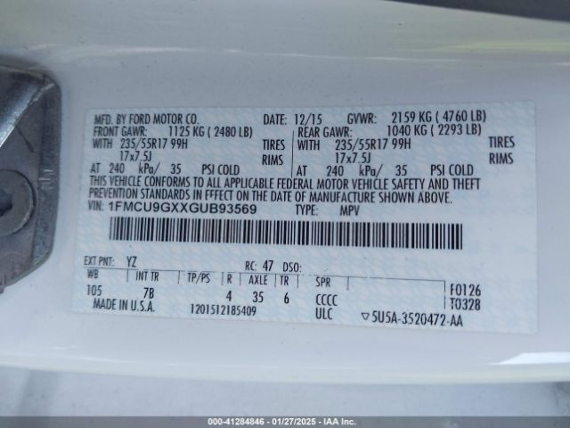 1FMCU9GXXGUB93569 Ford ESCAPE SE