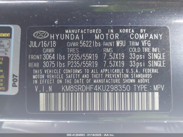 KM8SRDHF4KU298350 Hyundai Santa Fe Xl Limited Ultimate