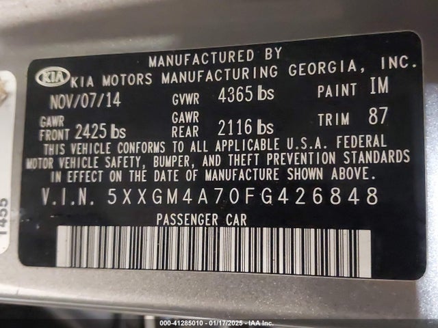 5XXGM4A70FG426848 KIA Optima Lx