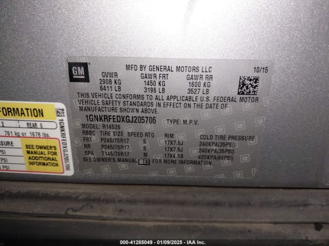 1GNKRFEDXGJ205706 Chevrolet Traverse Ls