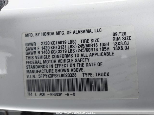 5FPYK3F52LB020328 Honda Ridgeline Awd Rtl