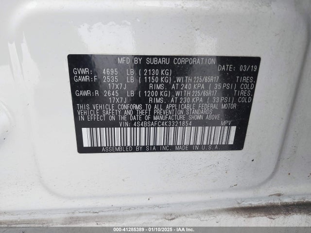 Subaru Outback 2.5i Premium 2019 4S4BSAFC4K3321854 Image 9
