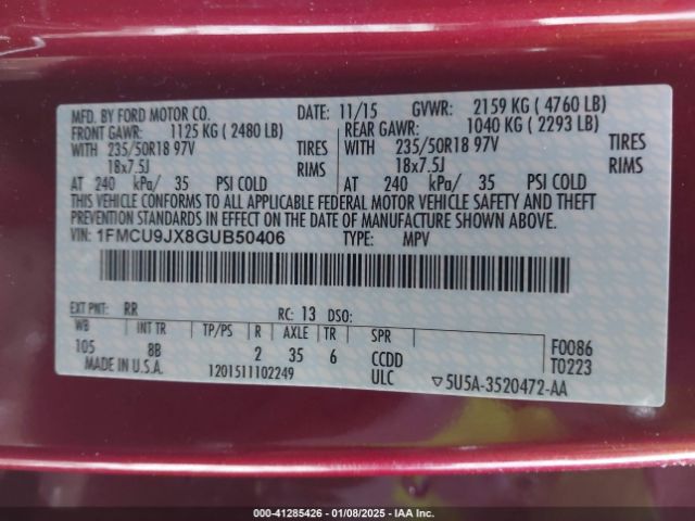 1FMCU9JX8GUB50406 Ford Escape Titanium