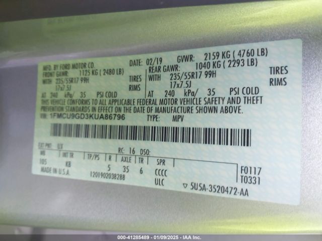 1FMCU9GD3KUA86796 Ford ESCAPE SE
