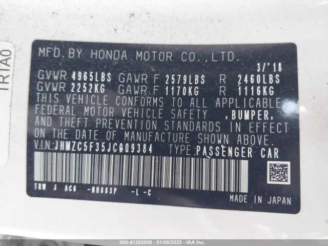 JHMZC5F35JC009384 Honda Clarity Plug-in Hybrid Touring