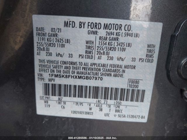 1FMSK8FHXMGB07970 Ford Explorer Limited