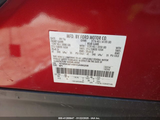 1FM5K8FH9HGA86208 Ford Explorer Limited