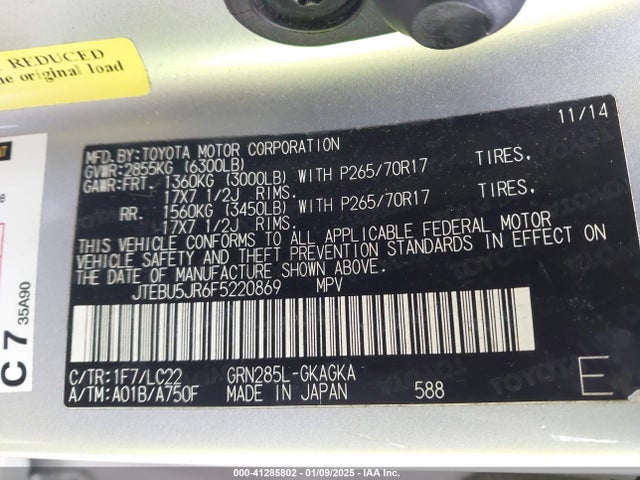 JTEBU5JR6F5220869 Toyota 4runner Trail Premium