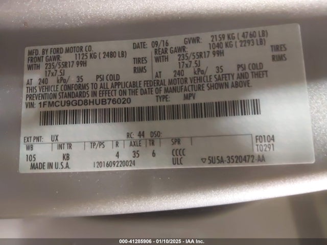 Ford ESCAPE SE 2017 1FMCU9GD8HUB76020 Image 9