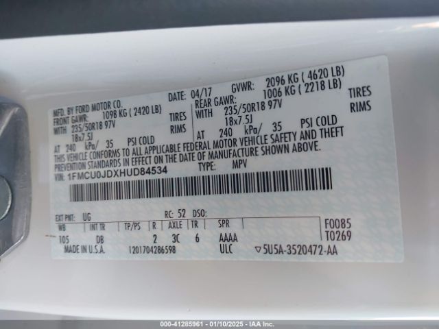 1FMCU0JDXHUD84534 Ford Escape Titanium