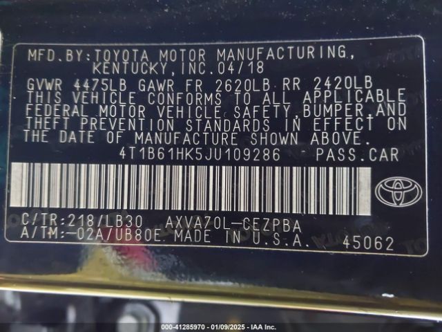 4T1B61HK5JU109286 Toyota CAMRY XSE