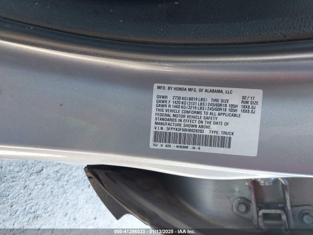 Honda Ridgeline Rtl-t 2017 5FPYK3F60HB028203 Image 9