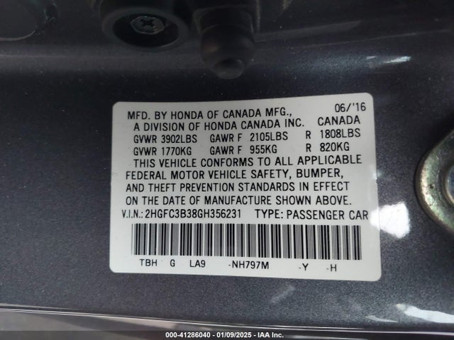 2HGFC3B38GH356231 Honda Civic Ex-t